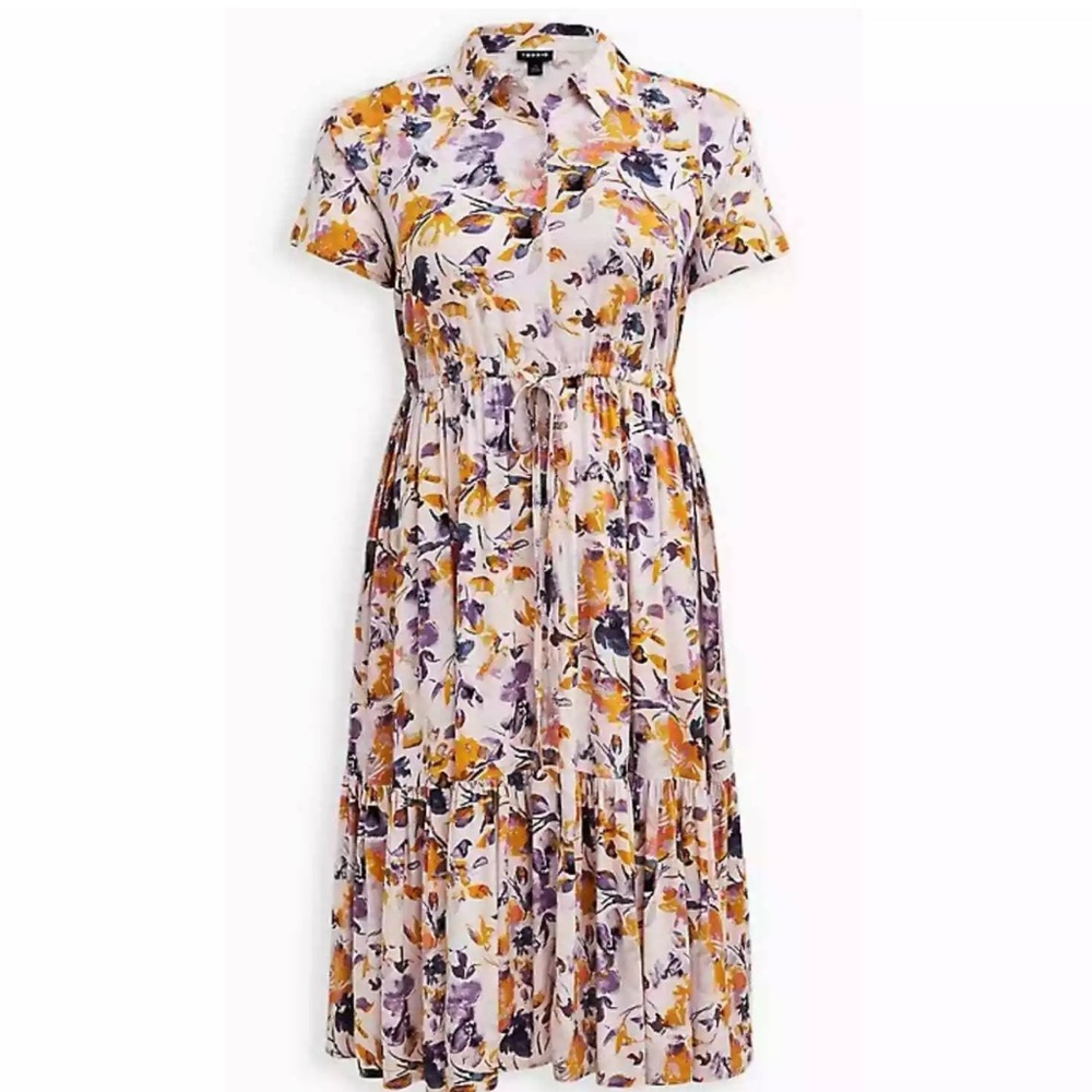 TORRID TIERED MIDI DRESS - STRETCH CHALLIS FLORAL PINK 1X - Picture 2 of 6